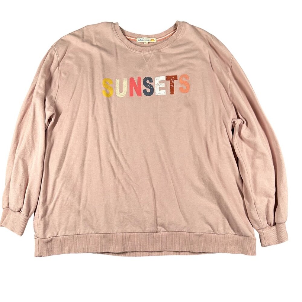 C & C California Womens XL Pink Chrissy Graphic Sunsets Knit Top‎ Long Sleeve